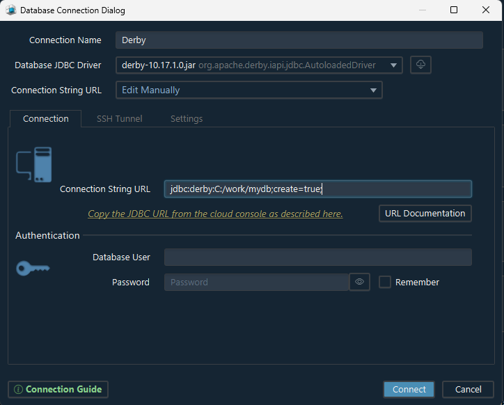 DbSchema Welcome Screen for Apache Derby