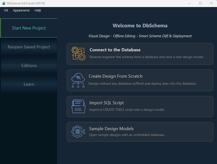 DbSchema Welcome Screen for Apache Derby