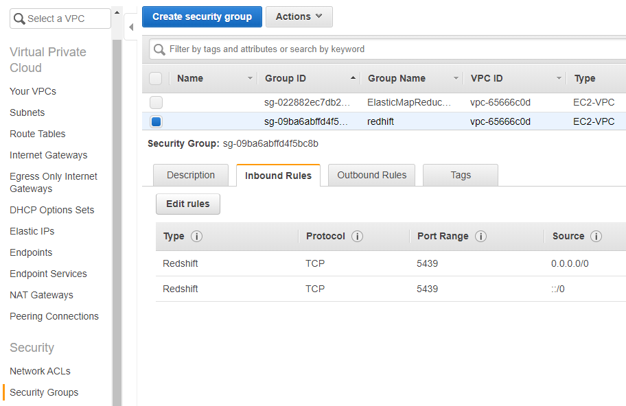 Create a security group in Redshift