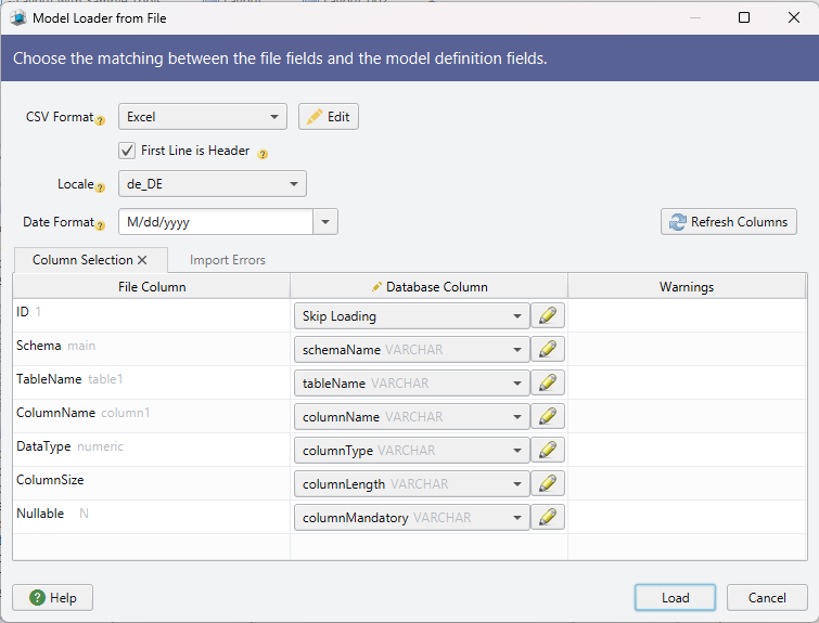 Define the mapping between the input and the model table,column,etc.