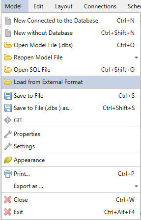Menu option to import model from external file