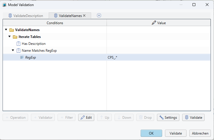 The model validation dialog
