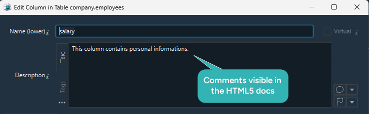 Add table and column comments to schema