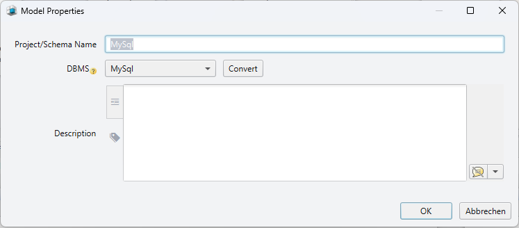 Convert schema to a different database from Model Properties dialog