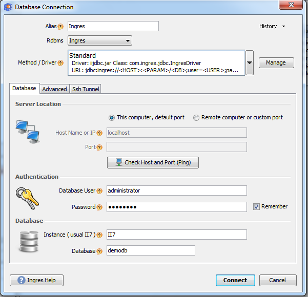 How to connect from DbSchema to Ingres