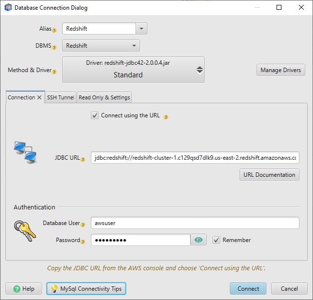 Configure Redshift JDBC URL in DbSchema