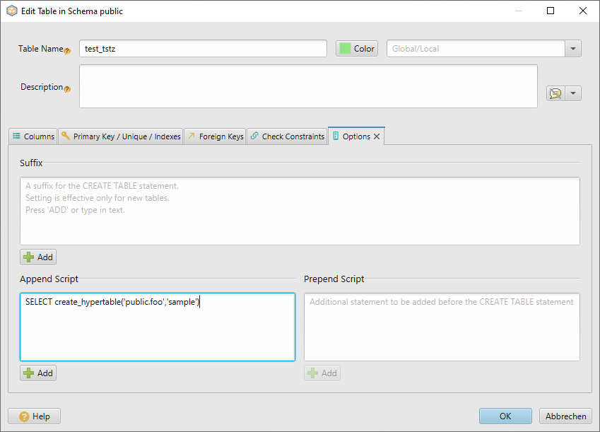 Create TimescaleDB Hypertable using DbSchema