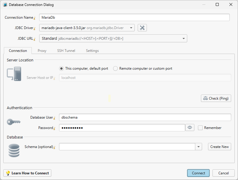 MariaDB Connection Dialog 