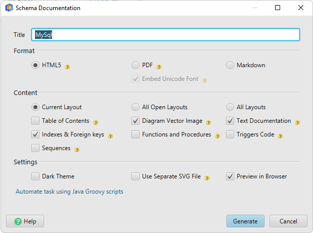 Generate database documentation